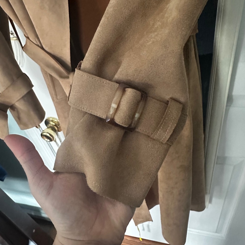 Women's Camel Faux Suede Belted Trench Coat Waterfall Collar - Picture 4 of 8